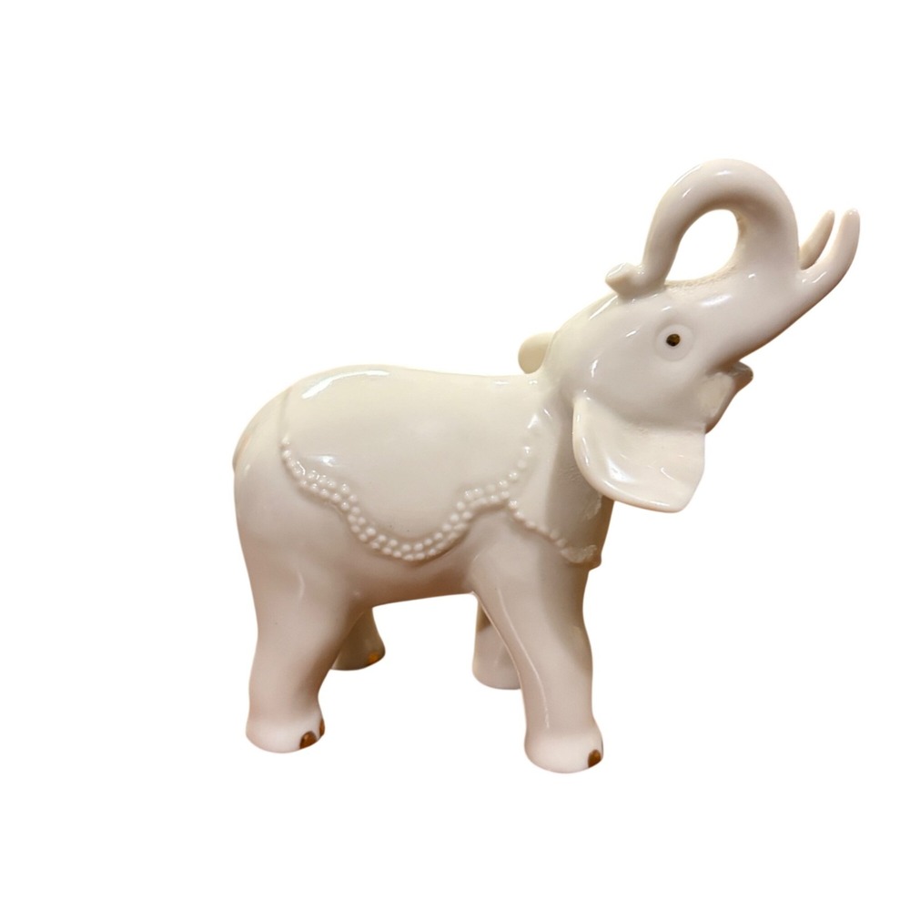White Ceramic Elephant Figurine With Raised Trunk - Vintage Collectible 3.75"